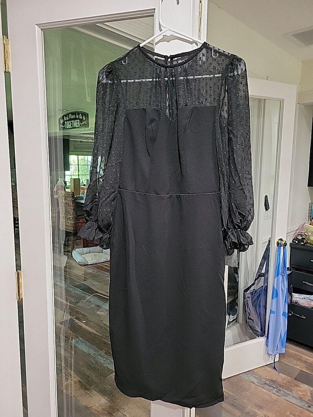 New With Tags Rebecca B Black Swiss Dot Chiffon Long Sleeve Sheath Dress SZ 4 B2